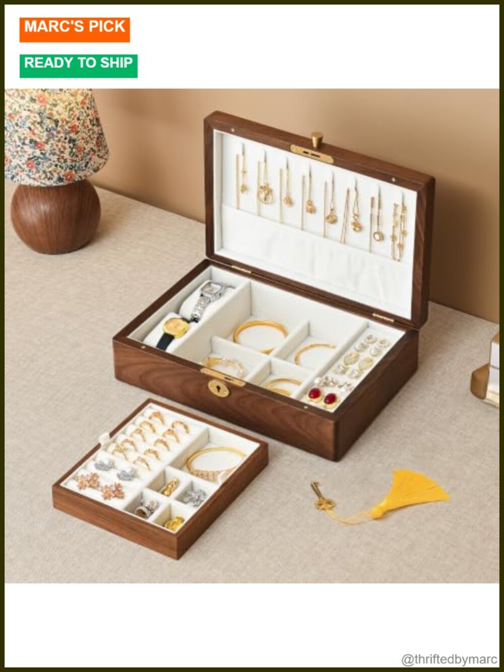 Solid Black Walnut Wooden Lockable Jewelry Box 2 Layer Organizer for Women
